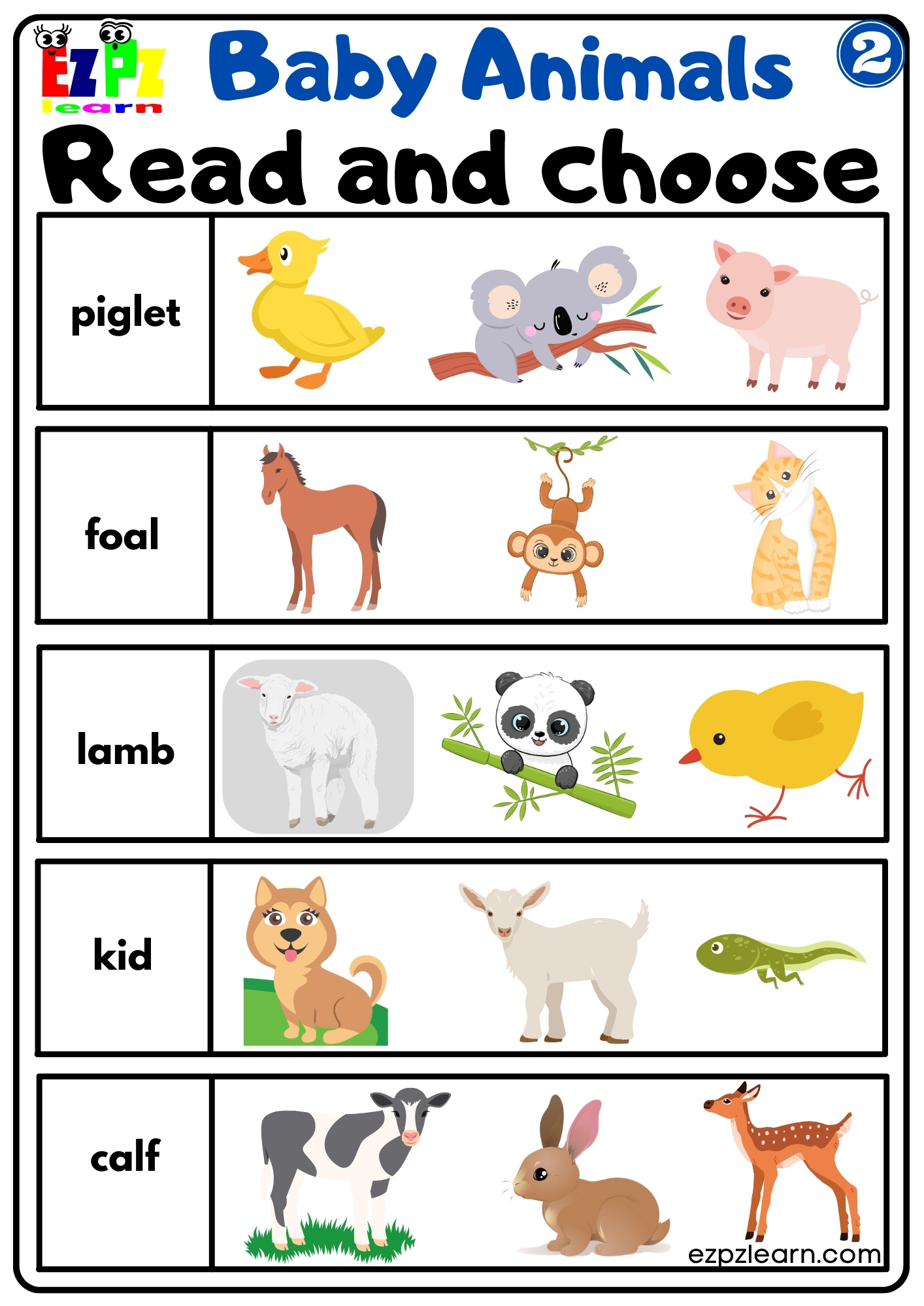 Baby Animals Vocabulary Read and Choose Activity for English Language Learners, Preschool and Kindergarten Students Free Download 2